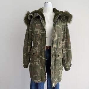 Zara Camo Parka Womens Small Faux Fur Lined Hooded Cinch Waist Military
